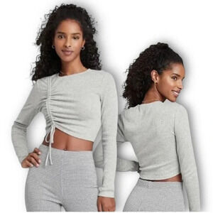 Wild Fable NWT Ruched Drawstring Blouse Heather Gray Long Sleeve Fitted Top New